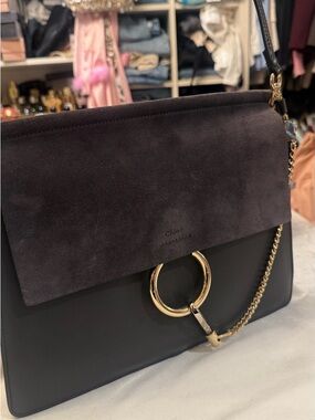 Chloe Black Suede & Leather Shoulder Bag with Gold Ring Detail